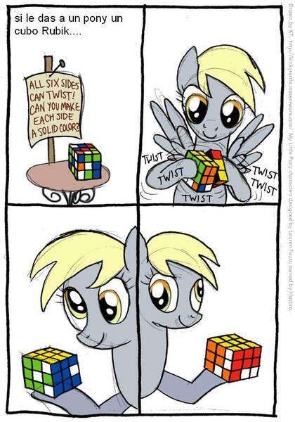 Size: 555x792 | Tagged: safe, artist:kturtle, derpibooru import, derpy hooves, pegasus, pony, comic, female, mare, rubik's cube, spanish, translation