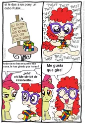 Size: 547x802 | Tagged: apple bloom, artist:kturtle, comic, derpibooru import, rubik's cube, safe, spanish, translation, twist