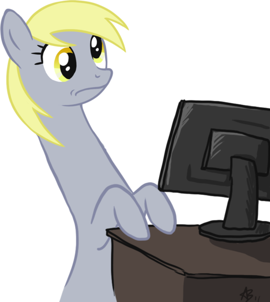 Size: 709x794 | Tagged: safe, artist:blackfeathr, derpibooru import, derpy hooves, pegasus, pony, computer, female, mare, meme, reaction image, solo, wat