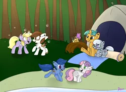 Size: 1700x1241 | Tagged: archerbelle, archer (character), artist:lustrous-dreams, background pony, camping, derpibooru import, dinky hooves, dinkysqueak, pipsqueak, safe, scootablue, silversnails, silver spoon, snails, sweetie belle