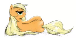 Size: 1081x541 | Tagged: suggestive, artist:madhotaru, derpibooru import, applejack, earth pony, pony, alternate hairstyle, bedroom eyes, female, loose hair, mare, plot, profile, side, smiling, solo, solo female, sultry pose