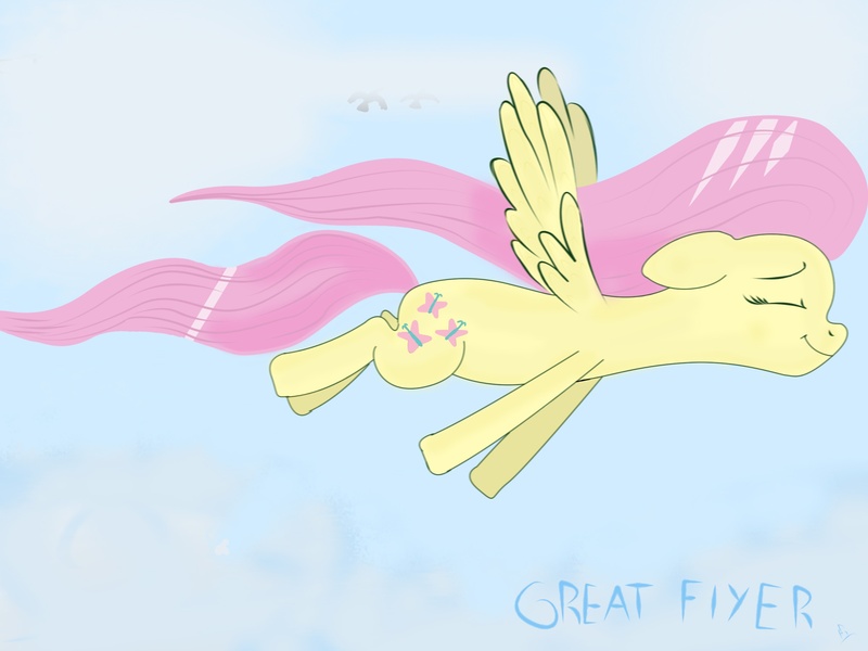 Size: 2272x1704 | Tagged: dead source, safe, artist:fearyzy, derpibooru import, fluttershy, pegasus, pony, eyes closed, female, flying, mare, profile, smiling, solo, spread wings, wings