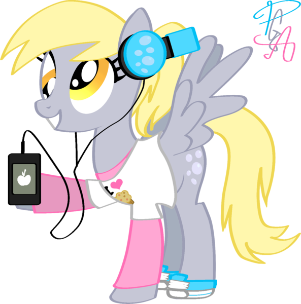 Size: 1592x1611 | Tagged: safe, artist:pa0oliitahw, derpibooru import, derpy hooves, pegasus, pony, female, headphones, ipod, mare, modern fashion, ponytail, shoes, sneakers