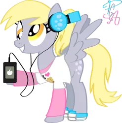 Size: 1592x1611 | Tagged: safe, artist:pa0oliitahw, derpibooru import, derpy hooves, pegasus, pony, female, headphones, ipod, mare, modern fashion, ponytail, shoes, sneakers