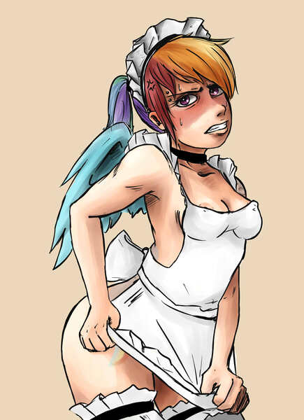 Size: 1450x2000 | Tagged: areola, artist:sundown, bottomless, breasts, clothes, derpibooru import, female, humanized, maid, nipples, nipple slip, nudity, questionable, rainbow dash, simple background, skimpy, solo, solo female, winged humanization