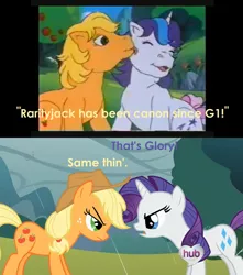 Size: 1356x1536 | Tagged: safe, artist:daisydaisydoodles, derpibooru import, edit, edited screencap, screencap, applejack, applejack (g1), glory, rarity, earth pony, pony, unicorn, look before you sleep, rescue at midnight castle, caption, duo, female, g1, gloryjack, image macro, implied rarijack, lesbian, meme, meta, shipping, shipping fuel, text