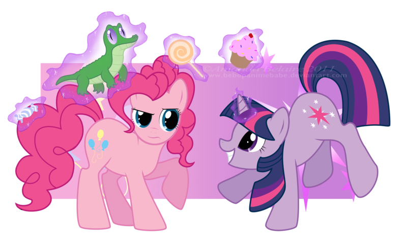 Size: 2280x1320 | Tagged: artist:immortaltanuki, candy, cupcake, derpibooru import, gummy, lollipop, personality swap, pinkie pie, safe, twilight sparkle