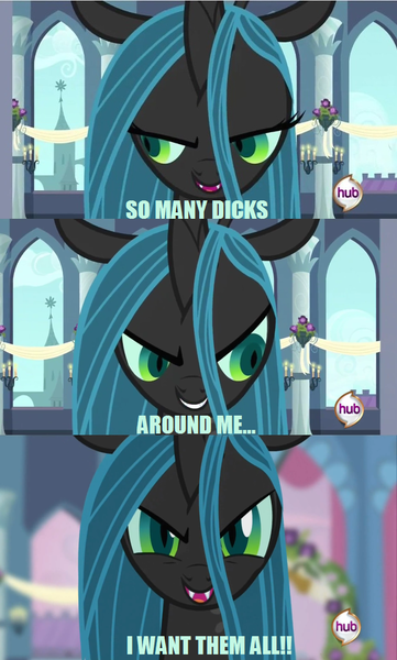 Size: 632x1050 | Tagged: bronycon, changeling, changeling queen, derpibooru import, dicks everywhere, female, image macro, queen chrysalis, safe