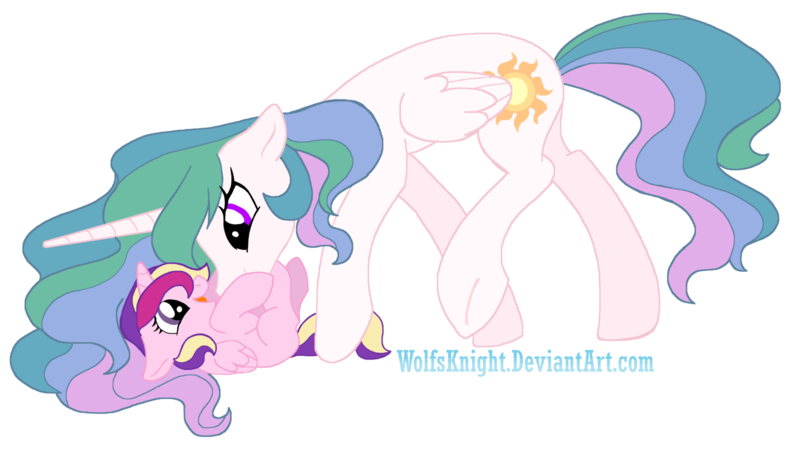 Size: 1600x911 | Tagged: safe, artist:wolfsknight, derpibooru import, princess cadance, princess celestia, alicorn, pony, duo, female, filly, filly cadance, mare, momlestia, raspberry, signature, simple background, tickling, transparent background, tummy buzz, younger