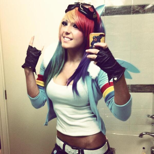 Size: 960x960 | Tagged: breasts, cleavage, clothes, cosplay, derpibooru import, female, goggles, human, irl, irl human, jessica nigri, midriff, photo, rainbow dash, safe, selfie, solo, source needed, tanktop