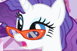 Size: 500x334 | Tagged: animated, close-up, cropped, derpibooru import, glasses, messy mane, rarity, rarity's glasses, safe, screencap, solo, suited for success, surprise