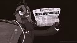 Size: 1920x1080 | Tagged: artist:hollowzero, changeling, changeling queen, clothes, derpibooru import, female, newspaper, parody, queen chrysalis, safe, suit