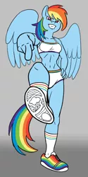 Size: 400x800 | Tagged: anthro, athletic shoes, belly button, bra, breasts, clothes, derpibooru import, femdom, fetish, foot fetish, midriff, panties, pov, rainbow dash, shoes, sneakers, sneakers fetish, socks, sports bra, suggestive, underwear