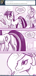 Size: 579x1224 | Tagged: suggestive, artist:johnjoseco, derpibooru import, princess celestia, twilight sparkle, alicorn, pony, ask princess molestia, princess molestia, comic, plot, spanish, translation