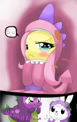 Size: 1040x1638 | Tagged: :<, angel bunny, angry, artist:hoyeechun, blushing, costume, crying, cute, derpibooru import, dragon, dragon costume, embarrassed, fluttershy, frown, looking at you, safe, spike, thumbs up