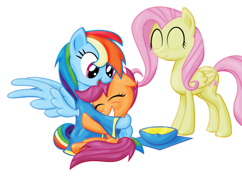 Size: 6020x4404 | Tagged: absurd resolution, artist:justablankflank, derpibooru import, fluttershy, graduation cap, happy, hat, hug, rainbow dash, safe, scootaloo, scootalove, wonderbolts uniform