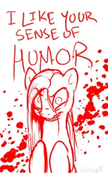 Size: 400x640 | Tagged: semi-grimdark, artist:conicer, derpibooru import, pinkie pie, pony, blood, female, g4, humor, mare, monochrome, pinkamena diane pie, reaction image, simple background, solo