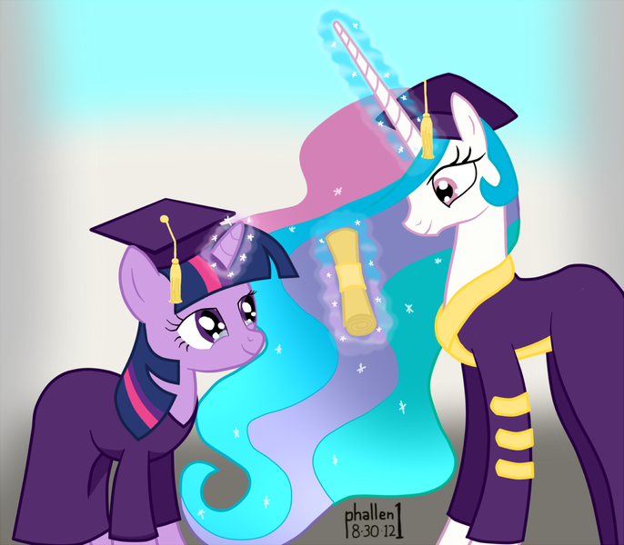 Size: 1152x1008 | Tagged: artist:phallen1, crying, derpibooru import, diploma, graduation, graduation cap, graduation day, hat, princess celestia, safe, tears of joy, twilight sparkle