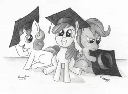 Size: 1024x754 | Tagged: apple bloom, artist:peruserofpieces, cutie mark crusaders, derpibooru import, graduation cap, hat, safe, scootaloo, sketch, sweetie belle