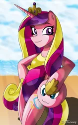 Size: 550x876 | Tagged: anthro, arm hooves, artist:xjkenny, beach, clothes, derpibooru import, female, looking at you, milf, one-piece swimsuit, princess cadance, safe, solo, swimsuit, unguligrade anthro