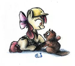 Size: 500x435 | Tagged: apple bloom, artist:gimoody, beaver, derpibooru import, hard hat, hat, pet, safe, toolbelt