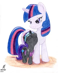 Size: 987x1243 | Tagged: safe, artist:masternodra, derpibooru import, twilight sparkle, oc, oc:nyx, alicorn, pony, unicorn, fanfic:past sins, alicorn oc, colored pencil drawing, duo, fanfic art, female, filly, foal, horn, mare, mother and child, mother and daughter, signature, traditional art, unicorn twilight, wings