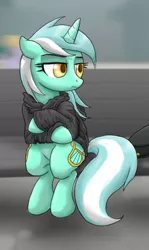 Size: 254x427 | Tagged: artist:dawnmistpony, bench, clothes, cropped, derpibooru import, fanfic:background pony, hoodie, lyra heartstrings, safe, solo