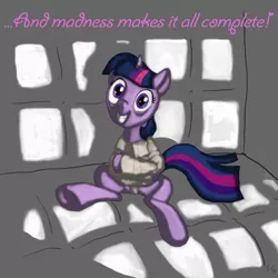 Size: 700x700 | Tagged: artist:sgolem, asylum, derpibooru import, grimdark, grin, insanity, madness, padded cell, smiling, straitjacket, twilight snapple, twilight sparkle, underhoof, wide eyes