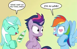 Size: 1980x1268 | Tagged: safe, artist:bcrich40, derpibooru import, lyra heartstrings, rainbow dash, twilight sparkle, alternate hairstyle, female, heart eyes, hilarious in hindsight, lesbian, punklight sparkle, shipping, twidash, wingboner