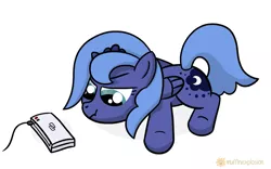 Size: 1605x1001 | Tagged: safe, artist:muffinexplosion, derpibooru import, princess luna, pony, gamer luna, cute, filly, nintendo, nintendo ds, scrunchy face, solo, woona