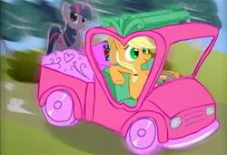 Size: 741x503 | Tagged: applejack, applejack truck, artist:slagmalsklubben, car, cardboard cutout, cardboard twilight, confederate, derpibooru import, driving, safe, smiling, truck, waifu