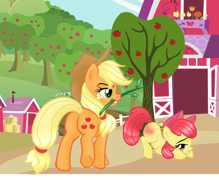 Size: 1168x960 | Tagged: safe, artist:passionateshadow, derpibooru import, apple bloom, applejack, applejack is a spankaholic, image, png, punishment, spanking