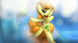 Size: 1960x1080 | Tagged: safe, artist:dshou, derpibooru import, carrot top, golden harvest, earth pony, pony, bipedal, female, hoof on chest, looking at you, mare, ocean, open mouth, solo, surfboard, surfing