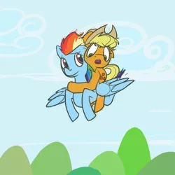 Size: 800x800 | Tagged: safe, artist:acidandgrit, derpibooru import, applejack, rainbow dash, appledash, female, flying, lesbian, riding, shipping