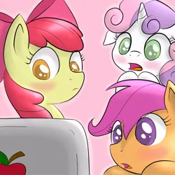 Size: 800x800 | Tagged: apple bloom, apple (company), artist:crade, blushing, computer, cutie mark crusaders, derpibooru import, laptop computer, safe, scootaloo, sweetie belle