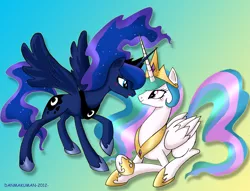 Size: 3527x2700 | Tagged: safe, artist:danmakuman, derpibooru import, princess celestia, princess luna, alicorn, pony, blushing, high res, horns are touching, prone, royal sisters, sisterly love, sisters, spread wings, wings