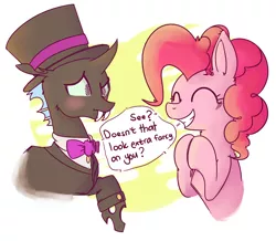 Size: 1070x934 | Tagged: artist:miles, artist:rustydooks, blushing, bowtie, changeling, clapping, clothes, colored, dapper, derpibooru import, doomie, doomie pie, eyes closed, grin, hat, pinkie pie, raised eyebrow, raised hoof, safe, smiling, suit, :t, top hat