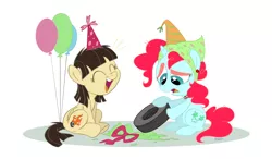 Size: 1024x596 | Tagged: artist:sibsy, balloon, birthday, derpibooru import, fim crew, mutatingraven, oc, oc:snowdrop (mutatingraven), safe, sibsy, tire, wild fire