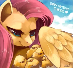 Size: 753x700 | Tagged: dead source, safe, artist:suikuzu, derpibooru import, fluttershy, pegasus, pony, birthday gift, chick, chicks, cute, egg, female, fluttermom, happy birthday, mare, shyabetes, signature, sky, text, wing blanket, wings
