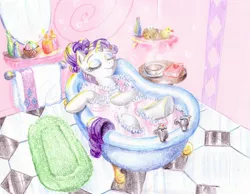 Size: 1800x1400 | Tagged: artist:muffinshire, bath, book, candle, claw foot bathtub, derpibooru import, rarity, rubber duck, safe, soap, tea, towel, traditional art