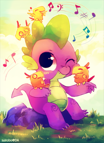 Size: 664x915 | Tagged: artist:suikuzu, cute, dead source, derpibooru import, dragon, music notes, nuzzling, peewee, phoenix, rubbing, safe, sitting, smiling, spike, squishy, squishy cheeks, waving, wink