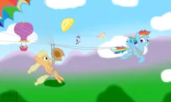 Size: 1260x756 | Tagged: applejack, artist:phallen1, derpibooru import, fluttershy, flying, hot air balloon, parasailing, pinkie pie, rainbow dash, rarity, safe, twilight sparkle, twinkling balloon