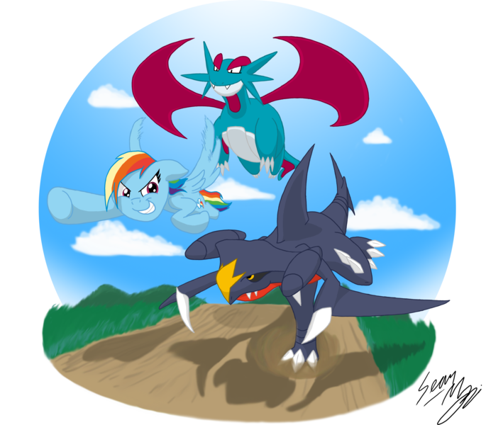 Size: 2912x2552 | Tagged: artist:blood-asp0123, crossover, derpibooru import, garchomp, high res, pokémon, rainbow dash, safe, salamence