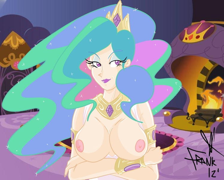 Size: 1427x1144 | Tagged: artist:frankaraya, big breasts, breasts, busty princess celestia, cleavage, crown, derpibooru import, eyelashes, eyeshadow, female, fire, fireplace, humanized, jewelry, lipstick, makeup, multicolored hair, nipples, nudity, praise the sun, princess celestia, purple eyes, questionable, regalia, sexy, smiling, smirk, sparkles, stupid sexy celestia, tiara