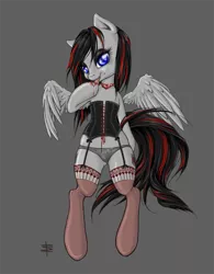 Size: 701x900 | Tagged: suggestive, artist:tt-n, derpibooru import, oc, oc:aulann, unofficial characters only, pegasus, semi-anthro, blood, clothes, corset, female, garters, hematolagnia, licking, mare, panties, solo, solo female, stockings, thigh highs, tongue out, underwear