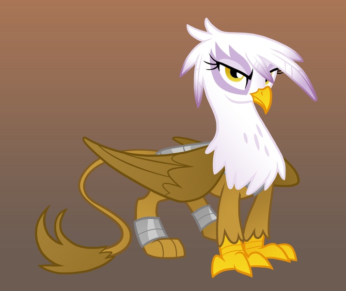 Size: 2500x2100 | Tagged: safe, artist:equestria-prevails, derpibooru import, gilda, gryphon, armor, female, folded wings, gradient background, high res, image, jpeg, looking at you, simple background, solo, standing, unhappy, wings