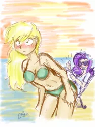 Size: 500x667 | Tagged: suggestive, artist:claireannecarr, derpibooru import, applejack, rarity, belly button, bellyring, bikini, blushing, breasts, clothes, dat butt, female, humanized, lesbian, piercing, rarijack, shipping, sunglasses, swimsuit