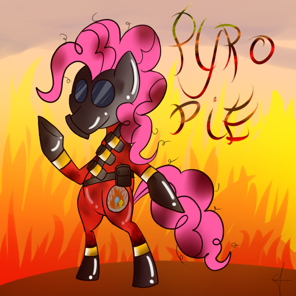 Size: 700x700 | Tagged: artist:jhannrahn, burn, burning, derpibooru import, fantasy, fire, meet the pyro, pinkie pie, pyro, safe, team fortress 2