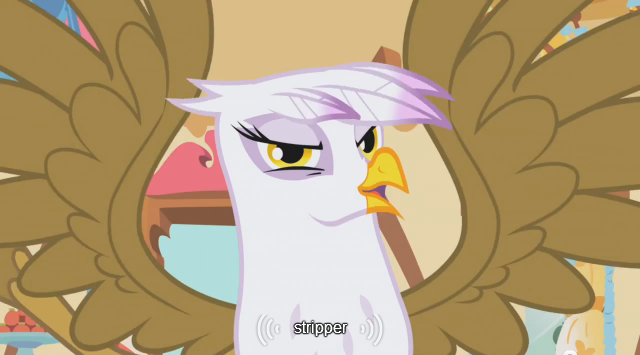 Size: 640x355 | Tagged: suggestive, derpibooru import, edit, edited screencap, screencap, gilda, gryphon, griffon the brush off, caption, female, image, png, stripper, strippers, text, wingboner, youtube caption