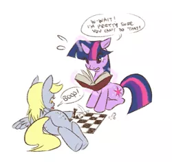 Size: 573x541 | Tagged: safe, artist:chien, derpibooru import, derpy hooves, twilight sparkle, pegasus, pony, boop, chess, female, floppy ears, lesbian, magic, mare, pixiv, plot, reading, shipping, side, sitting, spread wings, sweat, telekinesis, twerpy